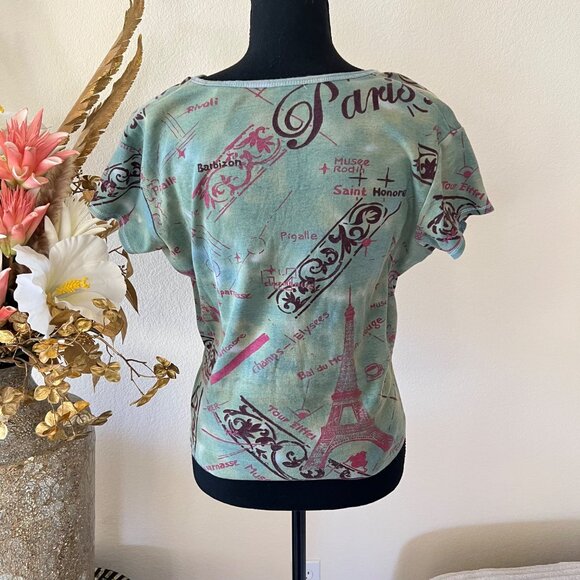 Y2k Paris Graphic Green & Pink Soft French Boho Chic Top 100% Cotton - Picture 2 of 7